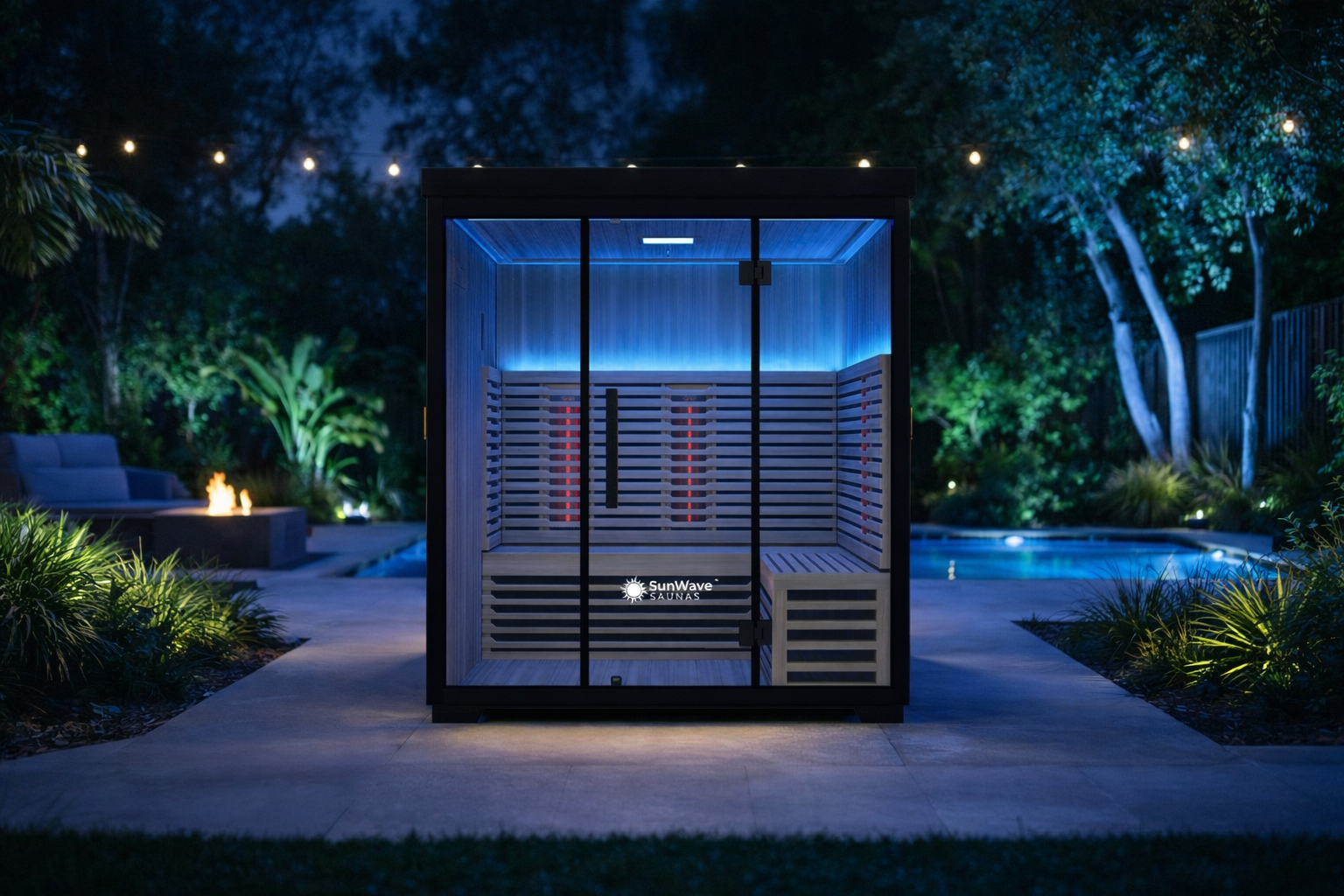 Infrared sauna in a garden setting with pool and trees at night