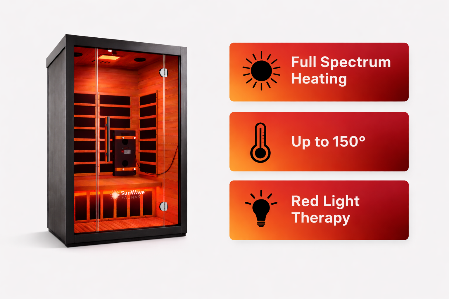 Infrared sauna with features highlighted on a white background