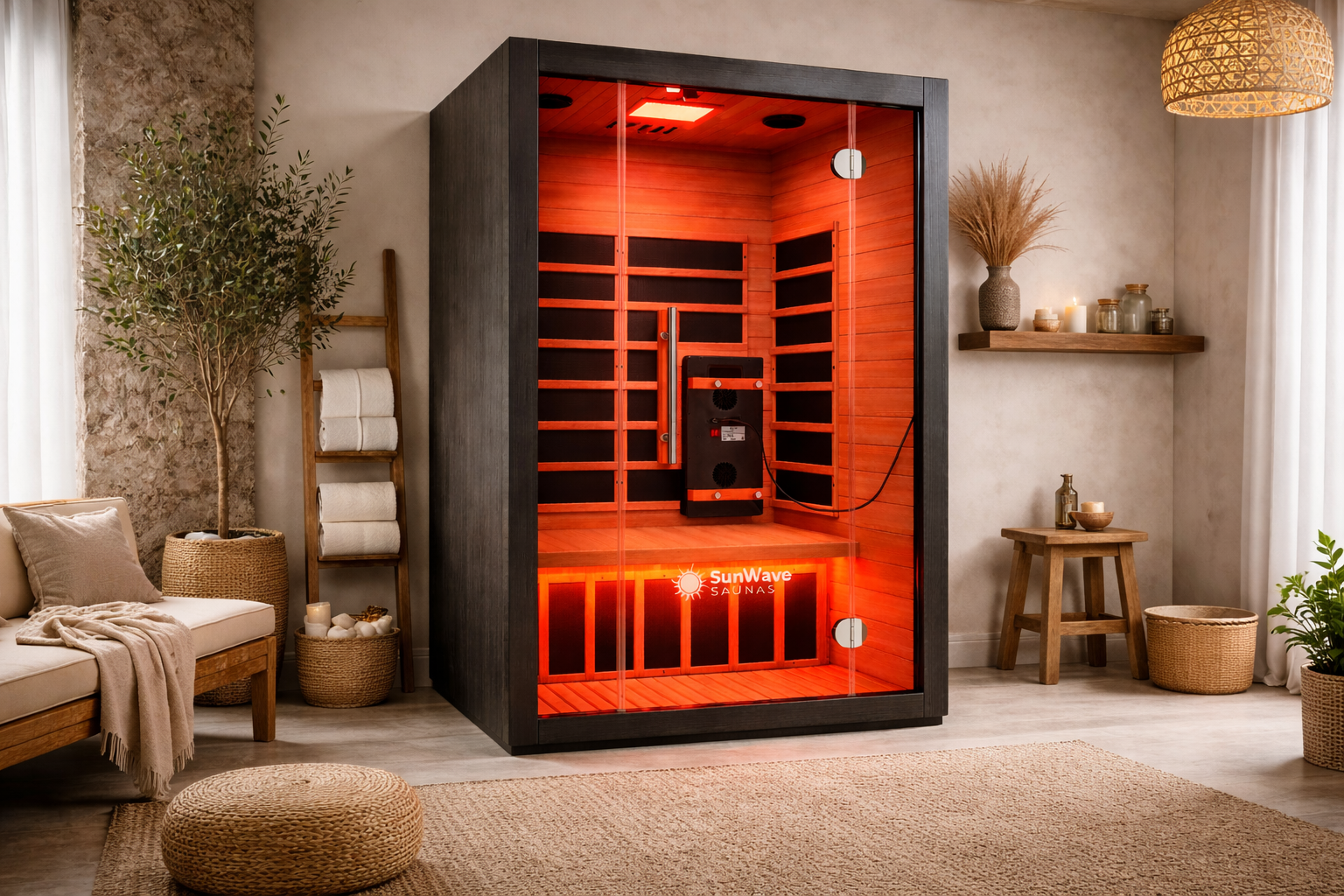 Infrared sauna in a modern living room setting with decor elements.