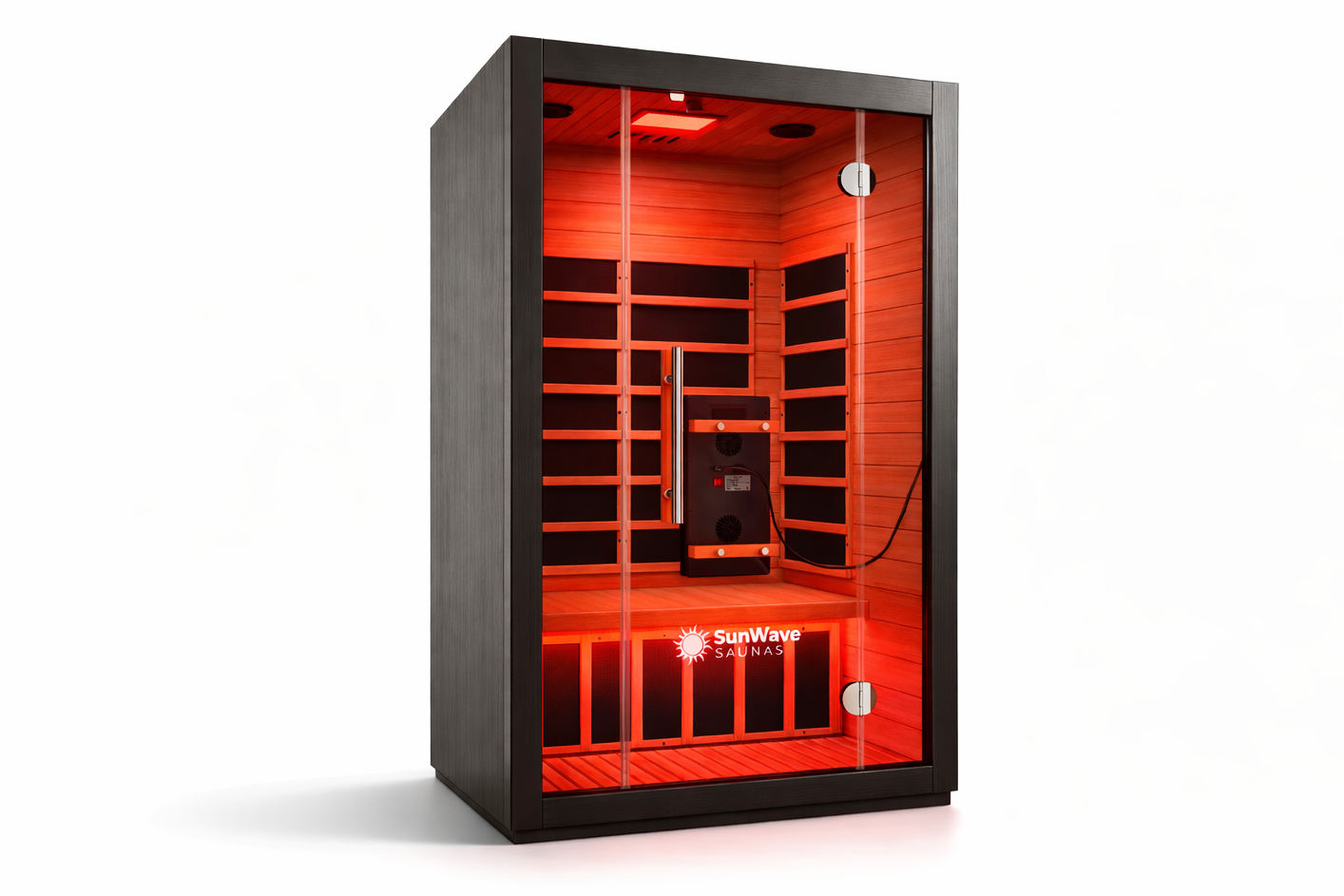 Infrared sauna with red interior light on a white background