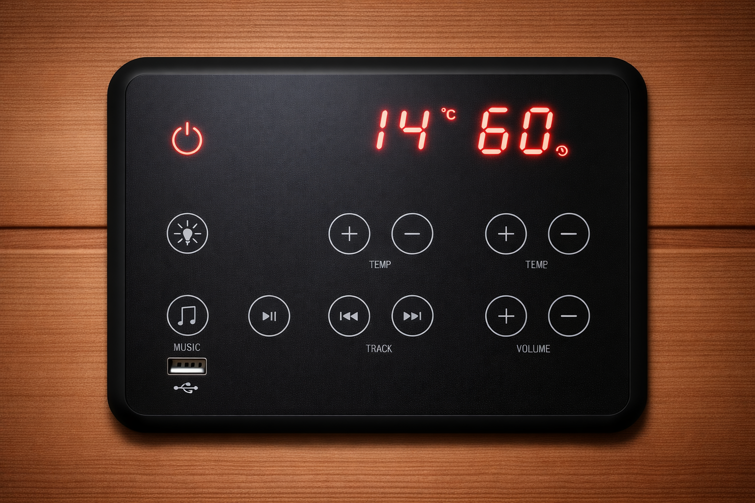 Digital control panel with temperature display on a wooden surface