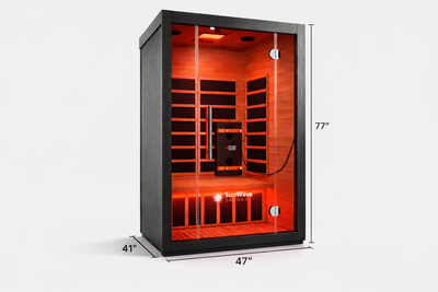 Infrared sauna with dimensions displayed on a white background