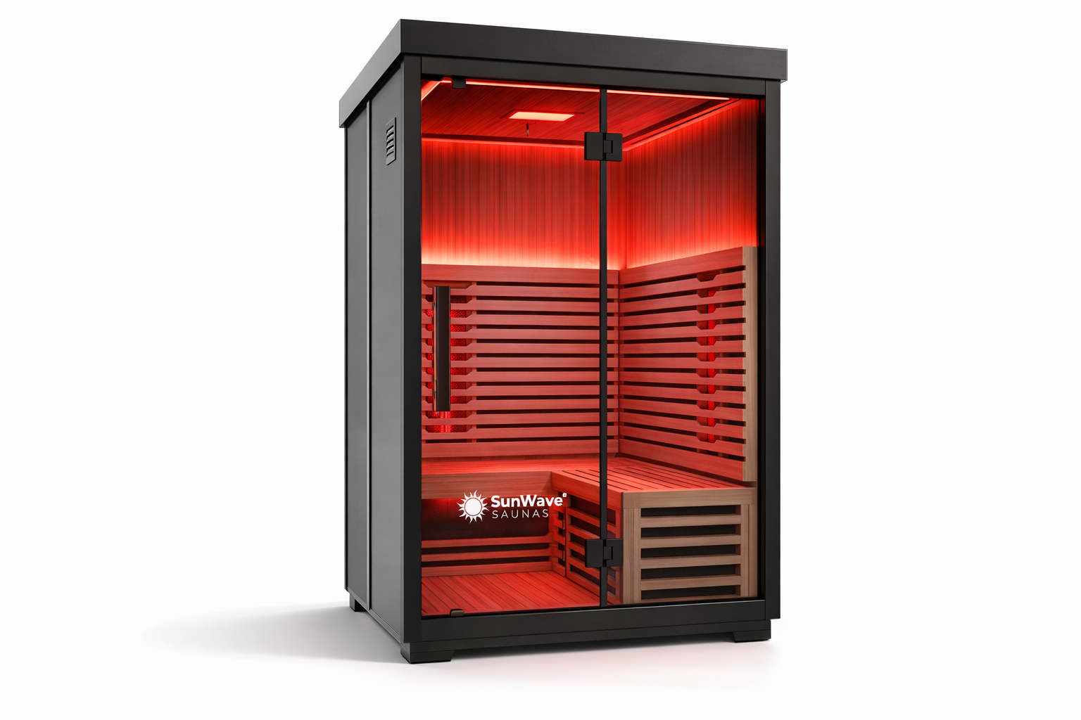 Infrared sauna with red interior light on a white background