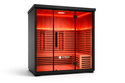 Infrared sauna with red interior light on a white background