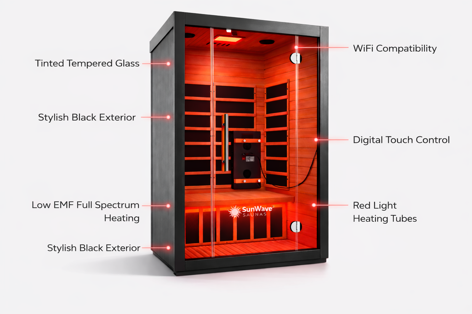 Infrared sauna with features highlighted on a white background