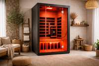 Infrared sauna in a modern living room setting with decor elements.