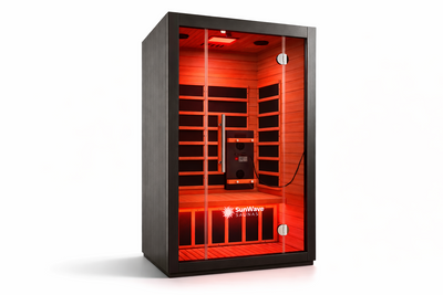 Infrared sauna with red interior light on a white background