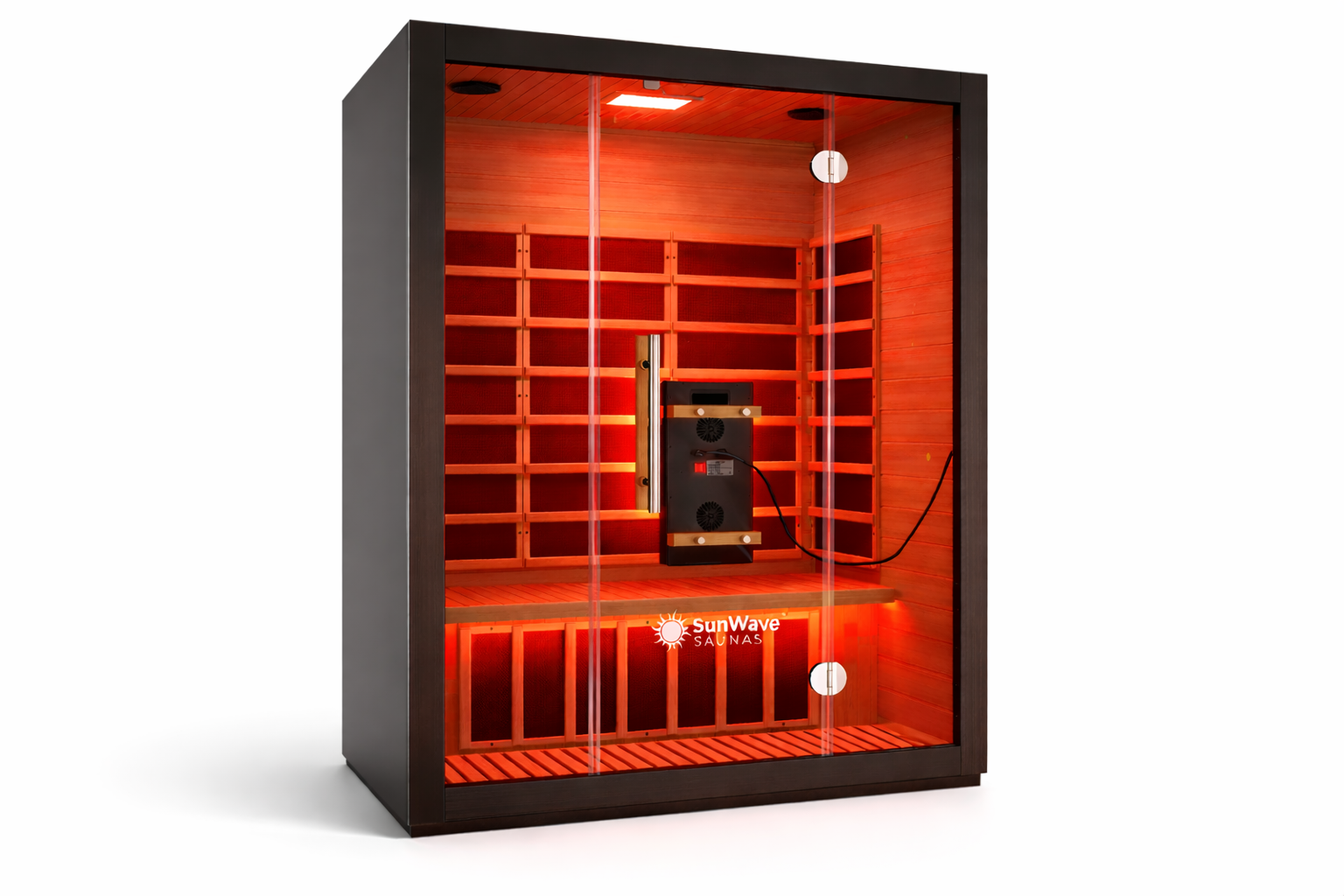 Infrared sauna with red interior lighting on a white background