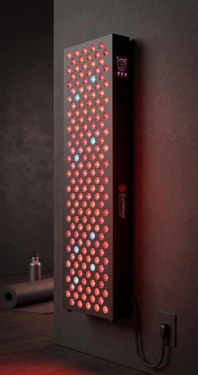Wall-mounted infrared heating panel with red and blue lights on a dark background