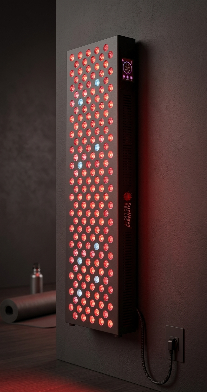 Wall-mounted infrared heating panel with red and blue lights on a dark background