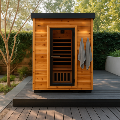 Wooden outdoor sauna with towels hanging on a deck