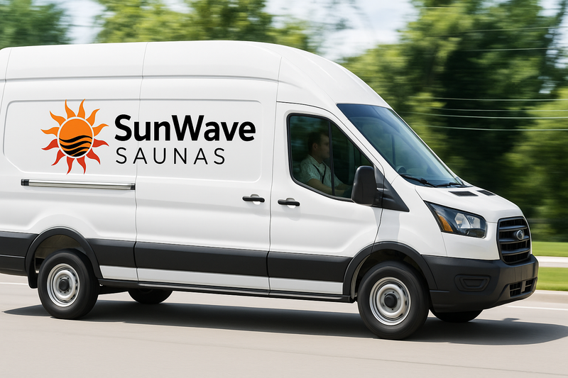 White van with SunWave Saunas logo driving on a road with trees in the background