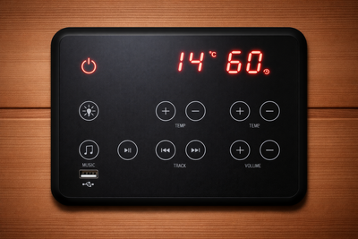 Digital control panel with temperature display on a wooden surface
