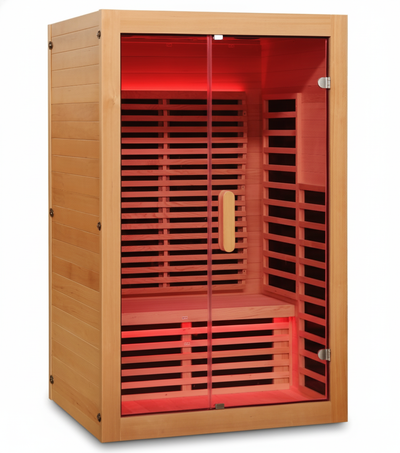 Wooden sauna with red interior on a white background