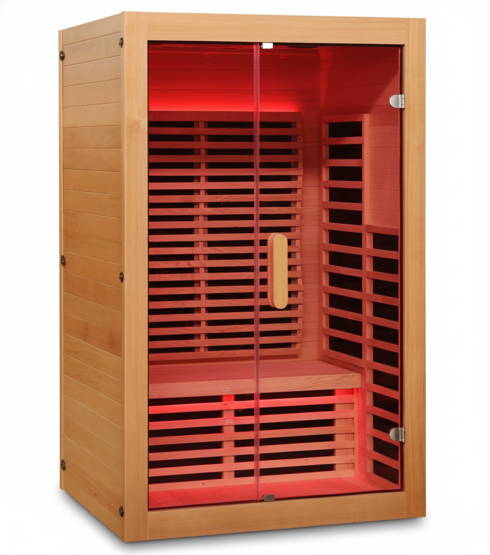 Wooden sauna with red interior on a white background