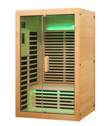 Infrared sauna with wooden exterior and glass door on a white background