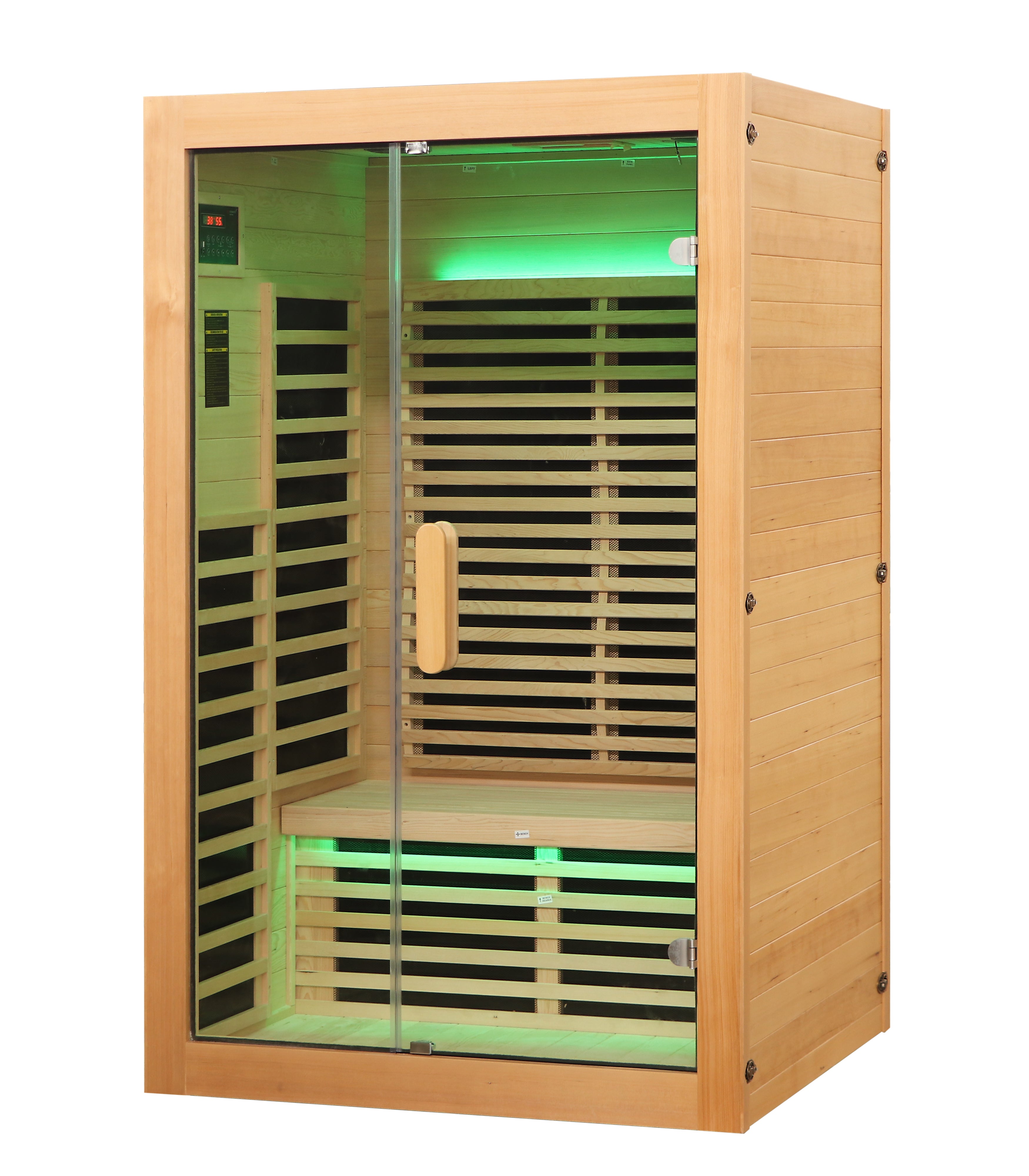 Infrared sauna with wooden exterior and glass door on a white background