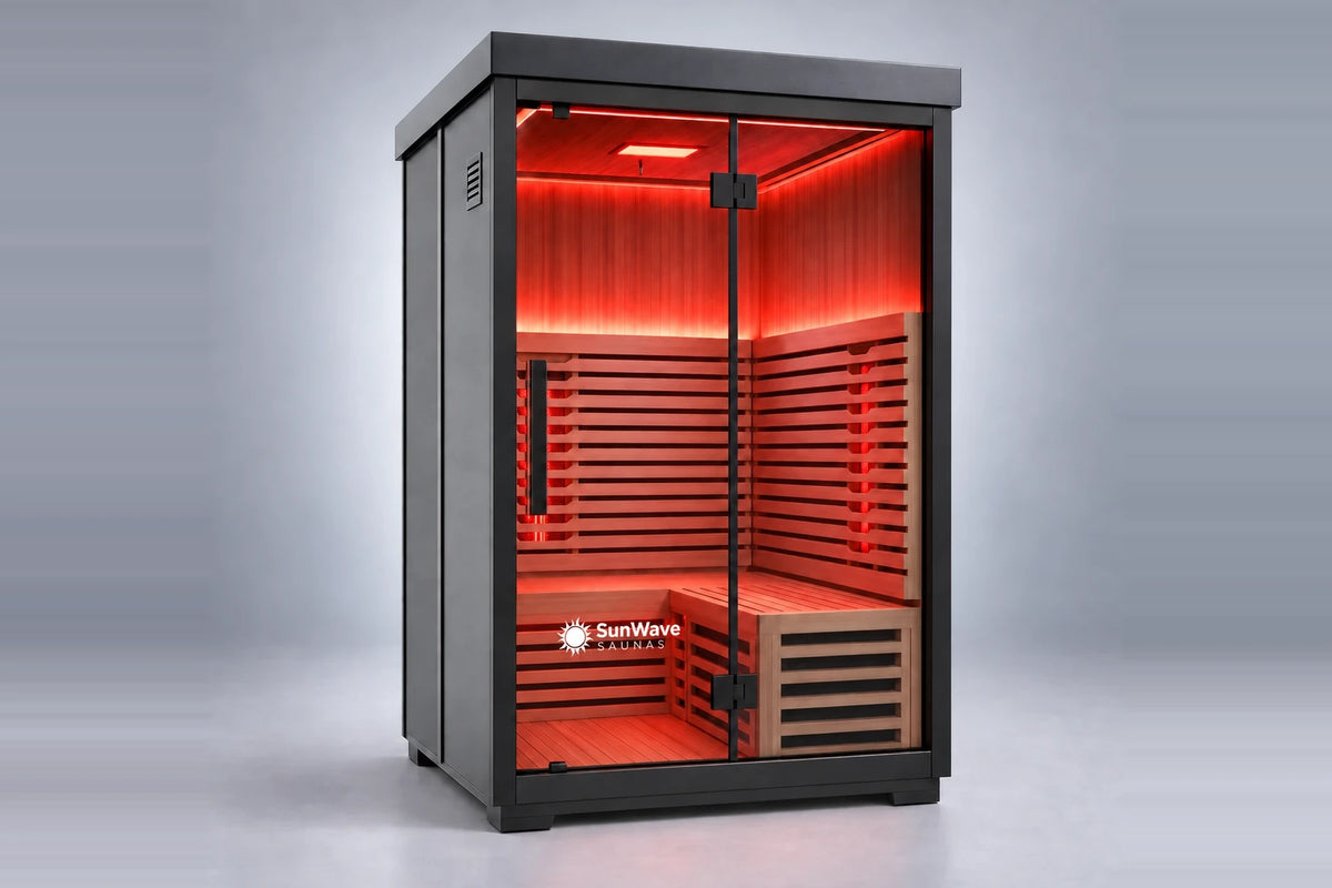 SunWave Nova outdoor infrared sauna with black aluminum exterior and tinted glass