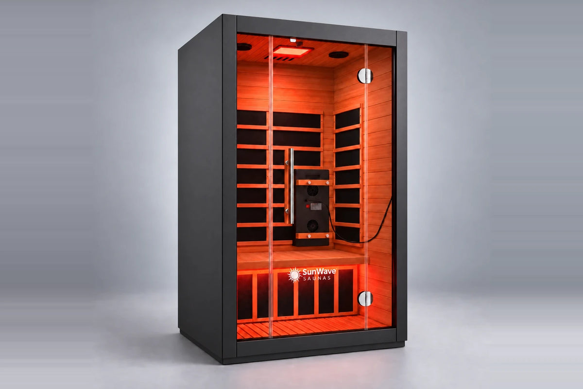 SunWave Onyx indoor infrared sauna with black exterior and tinted glass